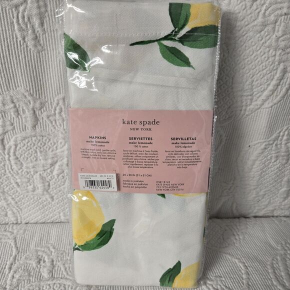 KATE SPADE New York Make Lemonade Large Reusable Designer Cotton Napkins NWT - Picture 2 of 3